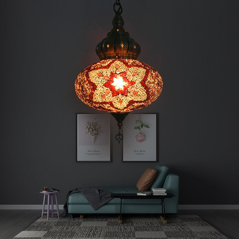 Lantern Red/Green/Gold Glass Suspension Light Retro 1/3 Heads Ceiling Pendant Light for Restaurant Clearhalo 'Ceiling Lights' 'Glass shade' 'Glass' 'Pendant Lights' 'Pendants' Lighting' 247439