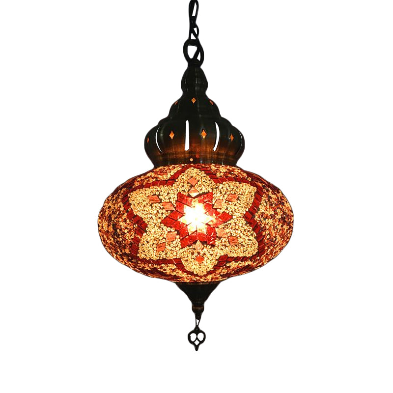 Lantern Red/Green/Gold Glass Suspension Light Retro 1/3 Heads Ceiling Pendant Light for Restaurant Clearhalo 'Ceiling Lights' 'Glass shade' 'Glass' 'Pendant Lights' 'Pendants' Lighting' 247440