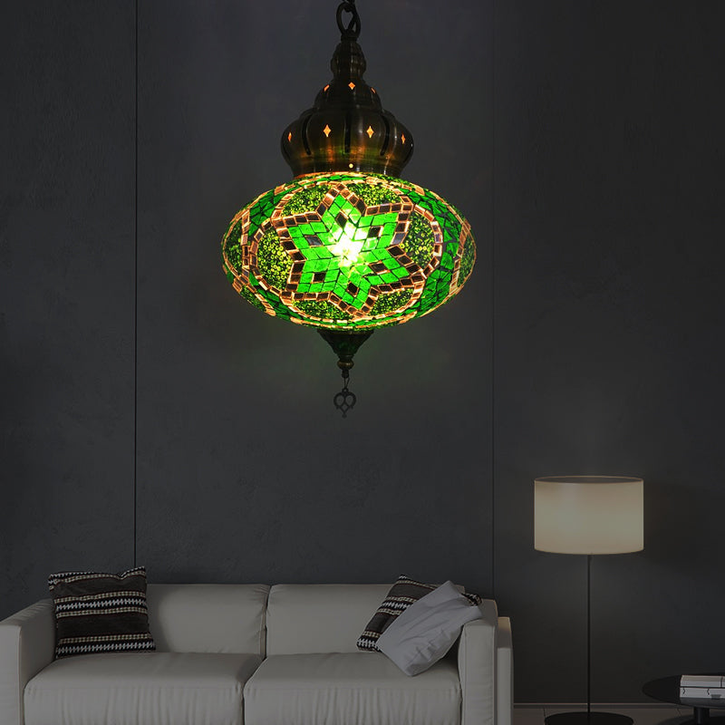 Lantern Red/Green/Gold Glass Suspension Light Retro 1/3 Heads Ceiling Pendant Light for Restaurant Green 1 Clearhalo 'Ceiling Lights' 'Glass shade' 'Glass' 'Pendant Lights' 'Pendants' Lighting' 247442