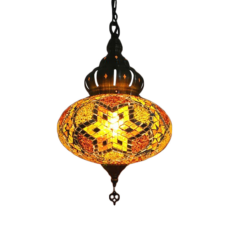 Lantern Red/Green/Gold Glass Suspension Light Retro 1/3 Heads Ceiling Pendant Light for Restaurant Clearhalo 'Ceiling Lights' 'Glass shade' 'Glass' 'Pendant Lights' 'Pendants' Lighting' 247445