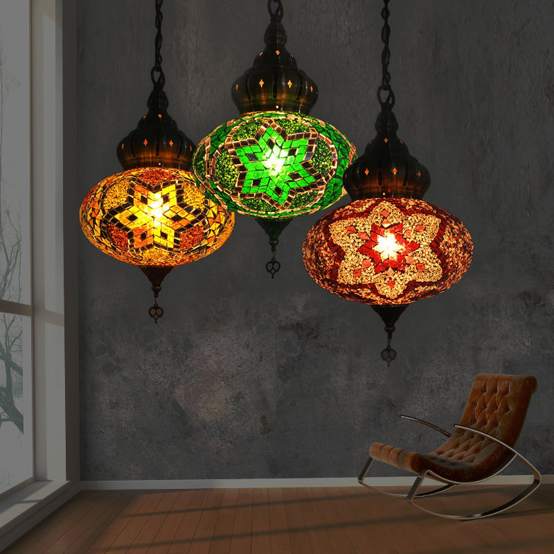 Lantern Red/Green/Gold Glass Suspension Light Retro 1/3 Heads Ceiling Pendant Light for Restaurant Multi-Color 3 Clearhalo 'Ceiling Lights' 'Glass shade' 'Glass' 'Pendant Lights' 'Pendants' Lighting' 247446