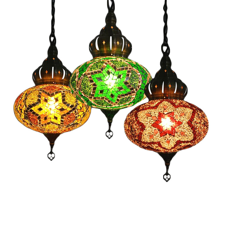 Lantern Red/Green/Gold Glass Suspension Light Retro 1/3 Heads Ceiling Pendant Light for Restaurant Clearhalo 'Ceiling Lights' 'Glass shade' 'Glass' 'Pendant Lights' 'Pendants' Lighting' 247447