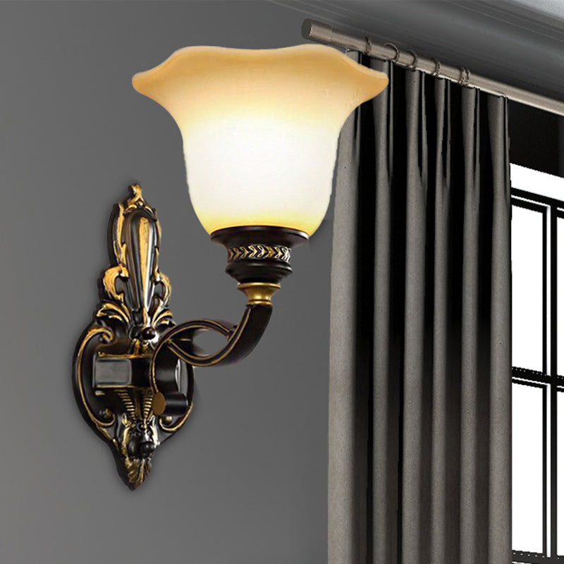 Black Blossom Wall Mounted Light Traditional White Glass Shade 1/2-Light Bedroom Wall Sconce with Metal Curvy Arm 1.0 Black Clearhalo 'Wall Lamps & Sconces' 'Wall Lights' Lighting' 247450