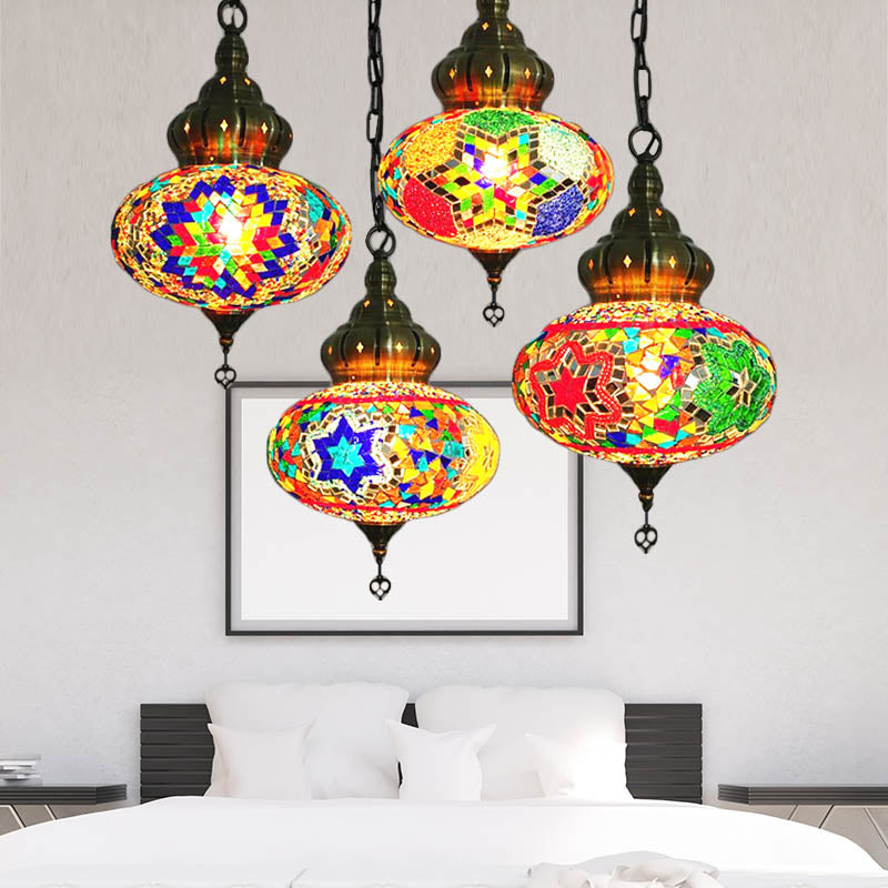 1/4 Bulbs Coffee House Pendant Lamp Retro Ceiling Light Fixture with Spherical Colorful Glass Shade Multi-Color E 4 Clearhalo 'Ceiling Lights' 'Glass shade' 'Glass' 'Pendant Lights' 'Pendants' Lighting' 247452