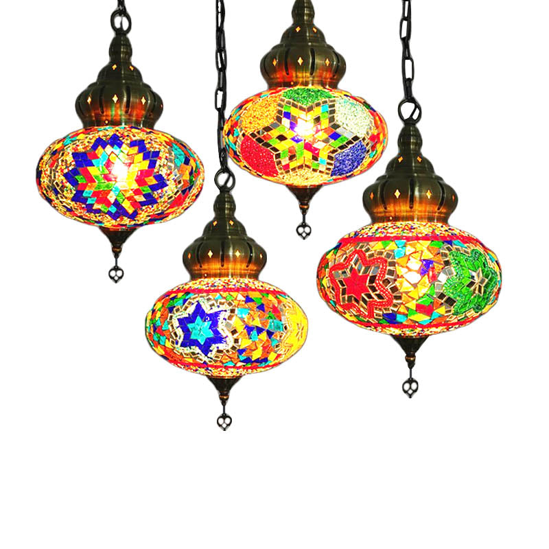1/4 Bulbs Coffee House Pendant Lamp Retro Ceiling Light Fixture with Spherical Colorful Glass Shade Clearhalo 'Ceiling Lights' 'Glass shade' 'Glass' 'Pendant Lights' 'Pendants' Lighting' 247453