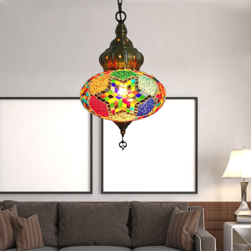 1/4 Bulbs Coffee House Pendant Lamp Retro Ceiling Light Fixture with Spherical Colorful Glass Shade Copper D 1 Clearhalo 'Ceiling Lights' 'Glass shade' 'Glass' 'Pendant Lights' 'Pendants' Lighting' 247460