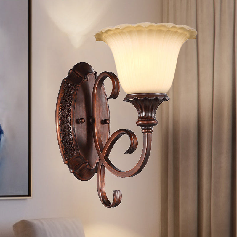 1-Light Frosted Glass Wall Light Vintage Style Red Brown Flower Bedroom Wall Sconce with Curvy Arm Red Brown Clearhalo 'Wall Lamps & Sconces' 'Wall Lights' Lighting' 247466