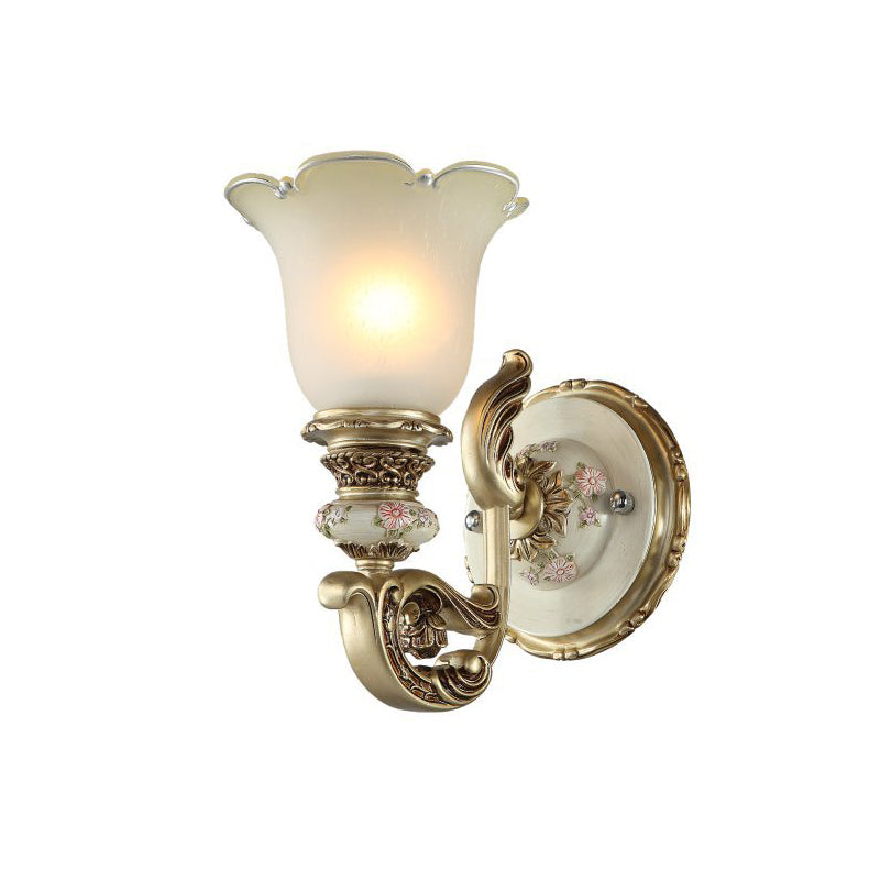 1-Light Frosted Glass Wall Light Traditional Gold Flower Shade Dining Room Sconce Light with Carved Arm Clearhalo 'Wall Lamps & Sconces' 'Wall Lights' Lighting' 247469