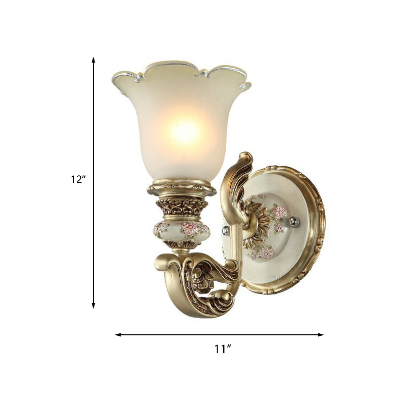 1-Light Frosted Glass Wall Light Traditional Gold Flower Shade Dining Room Sconce Light with Carved Arm Clearhalo 'Wall Lamps & Sconces' 'Wall Lights' Lighting' 247470