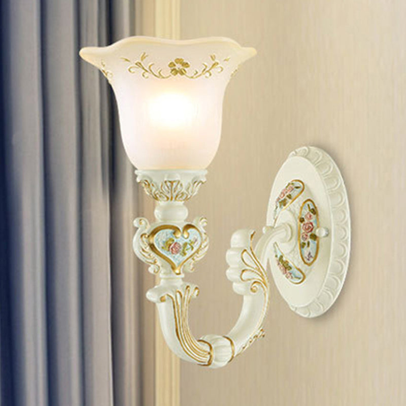 1-Light Wall Mount Lamp Retro Flower Frosted Glass Sconce Light with Carved Arm in White for Porch White Clearhalo 'Wall Lamps & Sconces' 'Wall Lights' Lighting' 247472