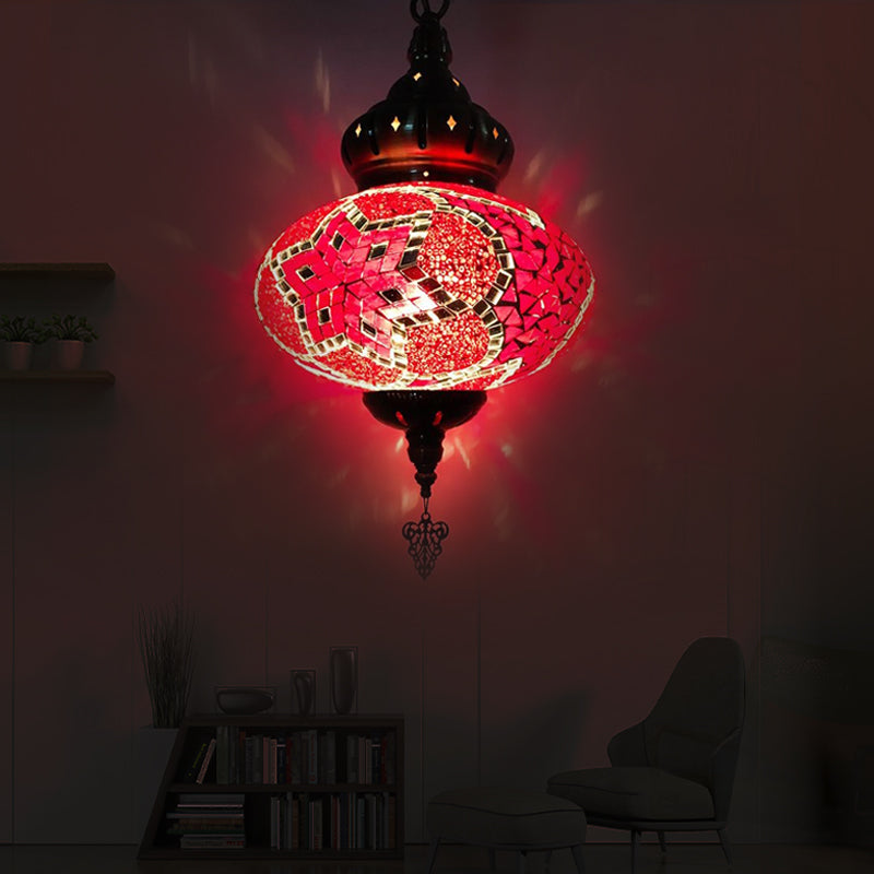 1/4 Bulbs Globe Ceiling Light Traditional Red/Orange/Blue Glass Pendant Lighting Fixture for Living Room Red 1 Clearhalo 'Ceiling Lights' 'Glass shade' 'Glass' 'Pendant Lights' 'Pendants' Lighting' 247476