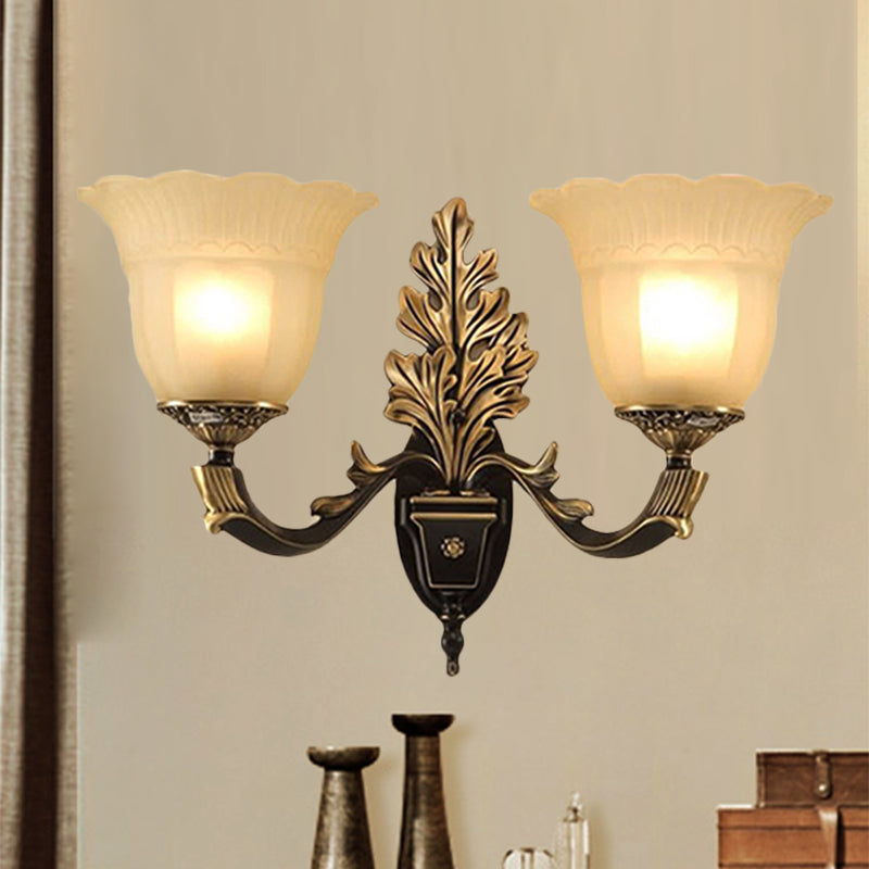 1/2-Light Wall Sconce Traditional Blossom Frosted Glass Sconce Light with Curvy Arm in Black for Hallway 2.0 Black Clearhalo 'Wall Lamps & Sconces' 'Wall Lights' Lighting' 247484