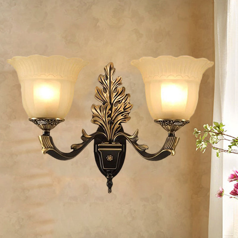 1/2-Light Wall Sconce Traditional Blossom Frosted Glass Sconce Light with Curvy Arm in Black for Hallway Clearhalo 'Wall Lamps & Sconces' 'Wall Lights' Lighting' 247485