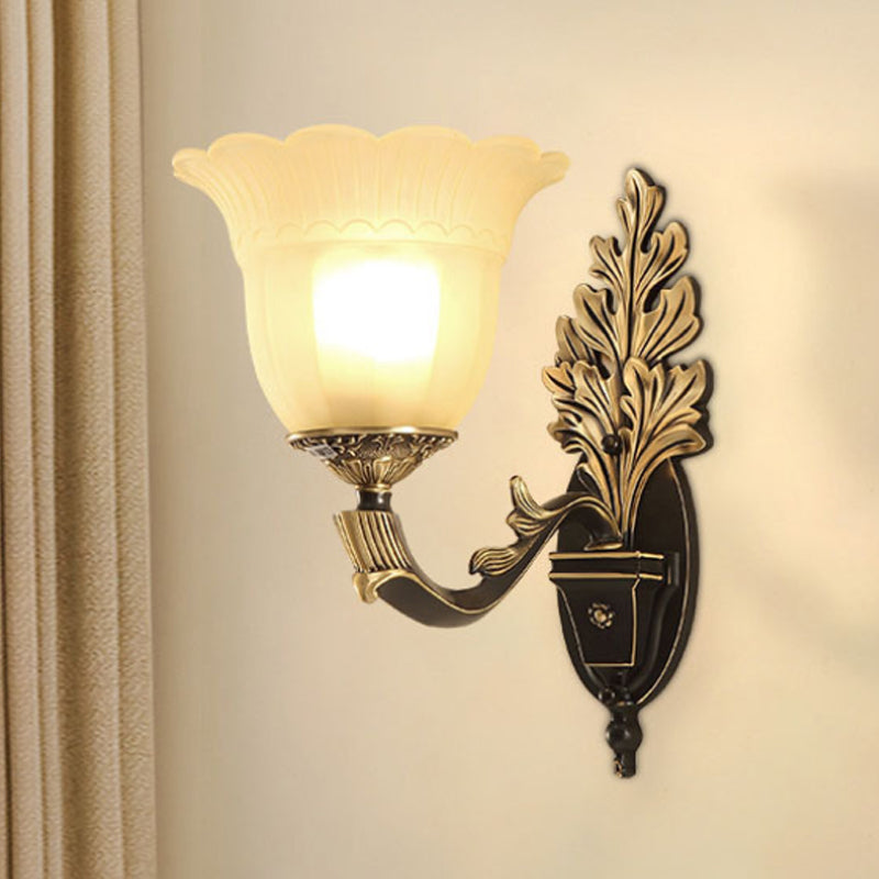 1/2-Light Wall Sconce Traditional Blossom Frosted Glass Sconce Light with Curvy Arm in Black for Hallway 1.0 Black Clearhalo 'Wall Lamps & Sconces' 'Wall Lights' Lighting' 247486