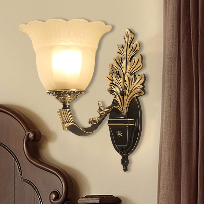 1/2-Light Wall Sconce Traditional Blossom Frosted Glass Sconce Light with Curvy Arm in Black for Hallway Clearhalo 'Wall Lamps & Sconces' 'Wall Lights' Lighting' 247487