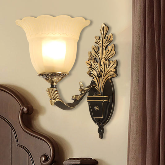 1/2-Light Wall Sconce Traditional Blossom Frosted Glass Sconce Light with Curvy Arm in Black for Hallway Clearhalo 'Wall Lamps & Sconces' 'Wall Lights' Lighting' 247487