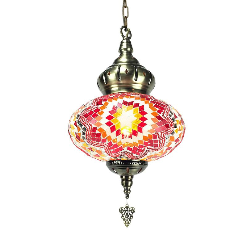 Vintage Lantern Suspension Pendant Red/Blue/Rose Red Glass 1/3 Heads Hanging Light Fixture with Carved Metal Drop Clearhalo 'Ceiling Lights' 'Glass shade' 'Glass' 'Pendant Lights' 'Pendants' Lighting' 247494