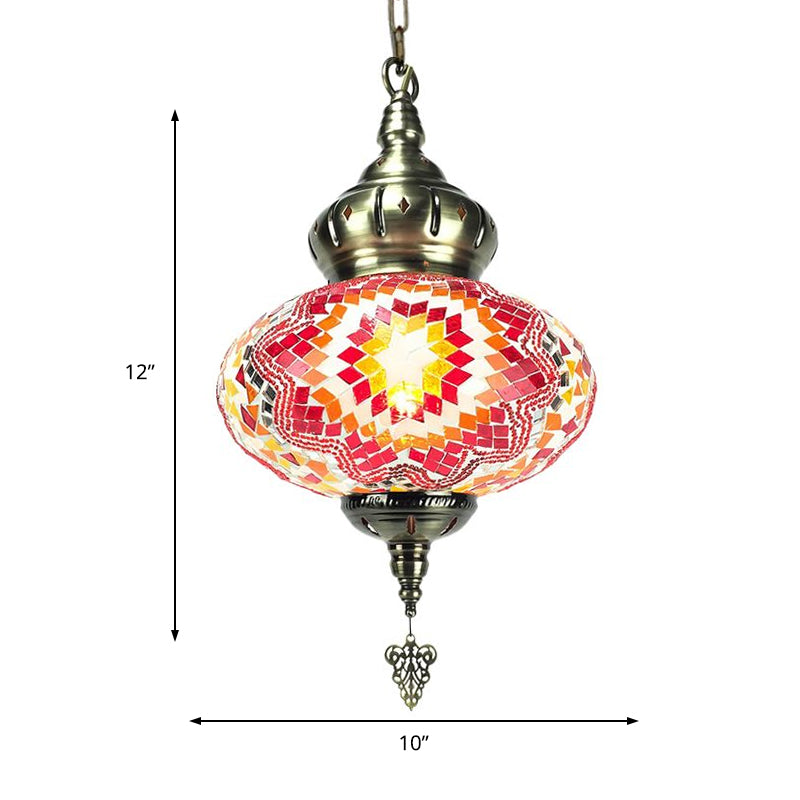 Vintage Lantern Suspension Pendant Red/Blue/Rose Red Glass 1/3 Heads Hanging Light Fixture with Carved Metal Drop Clearhalo 'Ceiling Lights' 'Glass shade' 'Glass' 'Pendant Lights' 'Pendants' Lighting' 247495