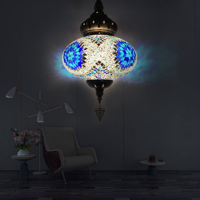 Vintage Lantern Suspension Pendant Red/Blue/Rose Red Glass 1/3 Heads Hanging Light Fixture with Carved Metal Drop Blue 1 Clearhalo 'Ceiling Lights' 'Glass shade' 'Glass' 'Pendant Lights' 'Pendants' Lighting' 247496