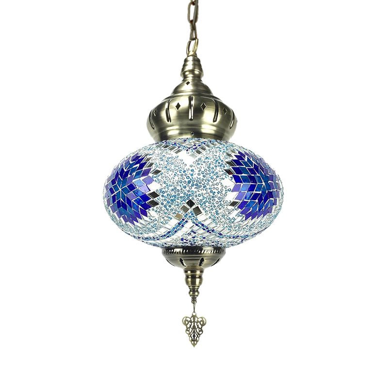 Vintage Lantern Suspension Pendant Red/Blue/Rose Red Glass 1/3 Heads Hanging Light Fixture with Carved Metal Drop Clearhalo 'Ceiling Lights' 'Glass shade' 'Glass' 'Pendant Lights' 'Pendants' Lighting' 247497