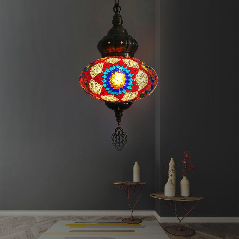 Vintage Lantern Suspension Pendant Red/Blue/Rose Red Glass 1/3 Heads Hanging Light Fixture with Carved Metal Drop Rose Red 1 Clearhalo 'Ceiling Lights' 'Glass shade' 'Glass' 'Pendant Lights' 'Pendants' Lighting' 247498