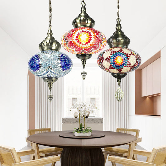 Vintage Lantern Suspension Pendant Red/Blue/Rose Red Glass 1/3 Heads Hanging Light Fixture with Carved Metal Drop Multi-Color 3 Clearhalo 'Ceiling Lights' 'Glass shade' 'Glass' 'Pendant Lights' 'Pendants' Lighting' 247500