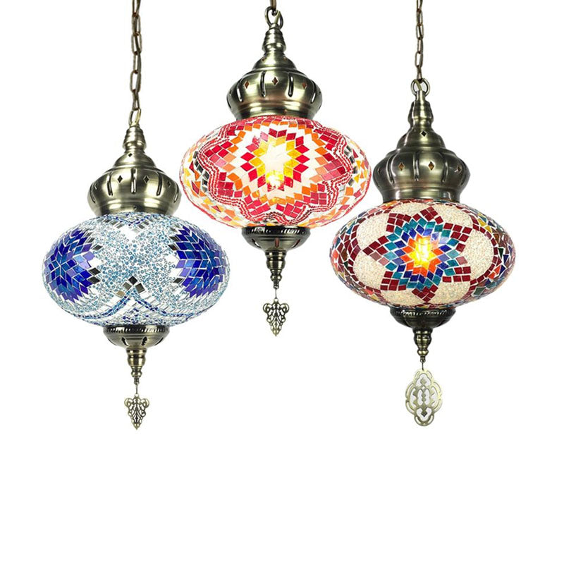 Vintage Lantern Suspension Pendant Red/Blue/Rose Red Glass 1/3 Heads Hanging Light Fixture with Carved Metal Drop Clearhalo 'Ceiling Lights' 'Glass shade' 'Glass' 'Pendant Lights' 'Pendants' Lighting' 247501