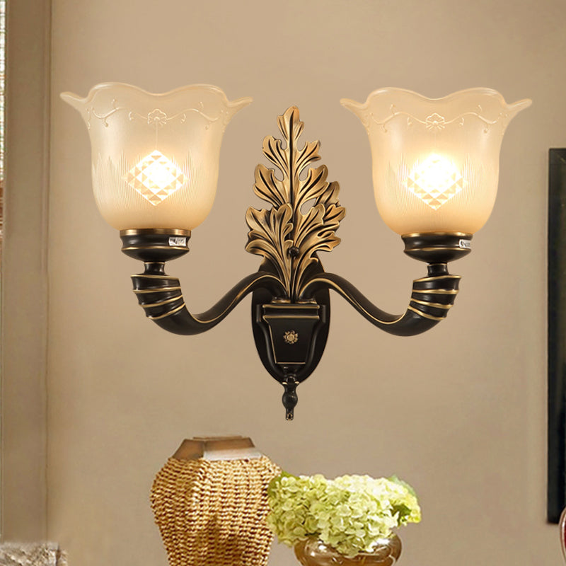 1/2-Light Wall Light Fixture Vintage Blossom Carved Glass Wall Sconce with Curved Arm in Black for Living Room 2.0 Black Clearhalo 'Wall Lamps & Sconces' 'Wall Lights' Lighting' 247502