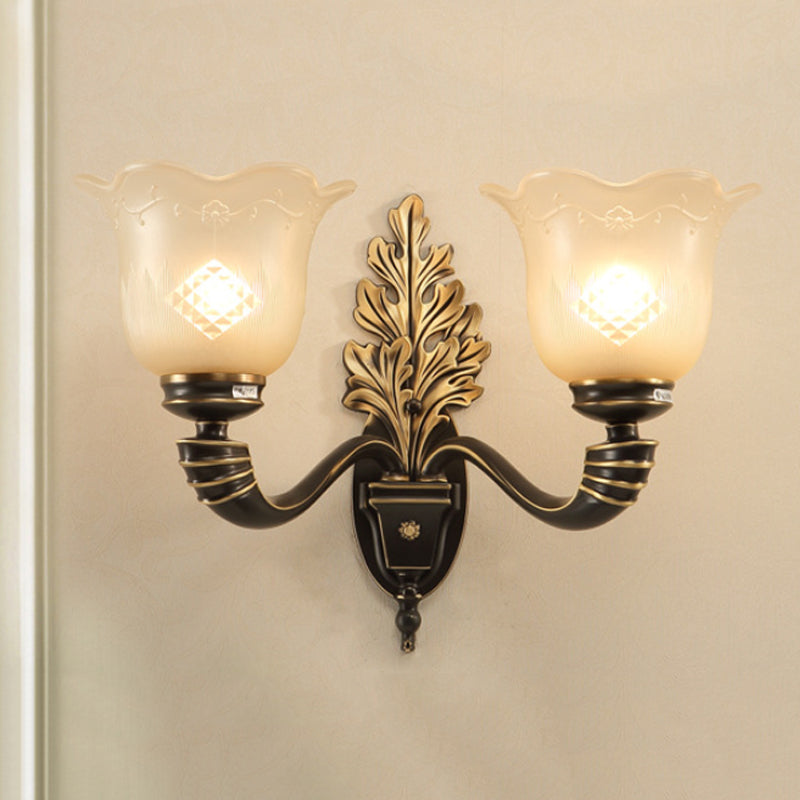 1/2-Light Wall Light Fixture Vintage Blossom Carved Glass Wall Sconce with Curved Arm in Black for Living Room Clearhalo 'Wall Lamps & Sconces' 'Wall Lights' Lighting' 247503