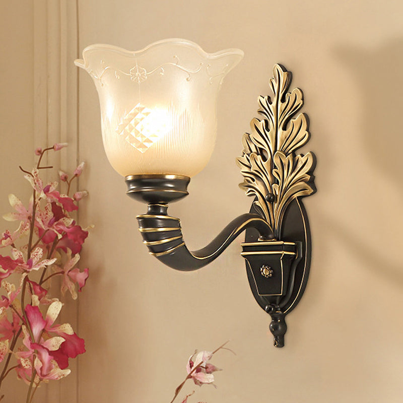 1/2-Light Wall Light Fixture Vintage Blossom Carved Glass Wall Sconce with Curved Arm in Black for Living Room 1.0 Black Clearhalo 'Wall Lamps & Sconces' 'Wall Lights' Lighting' 247504