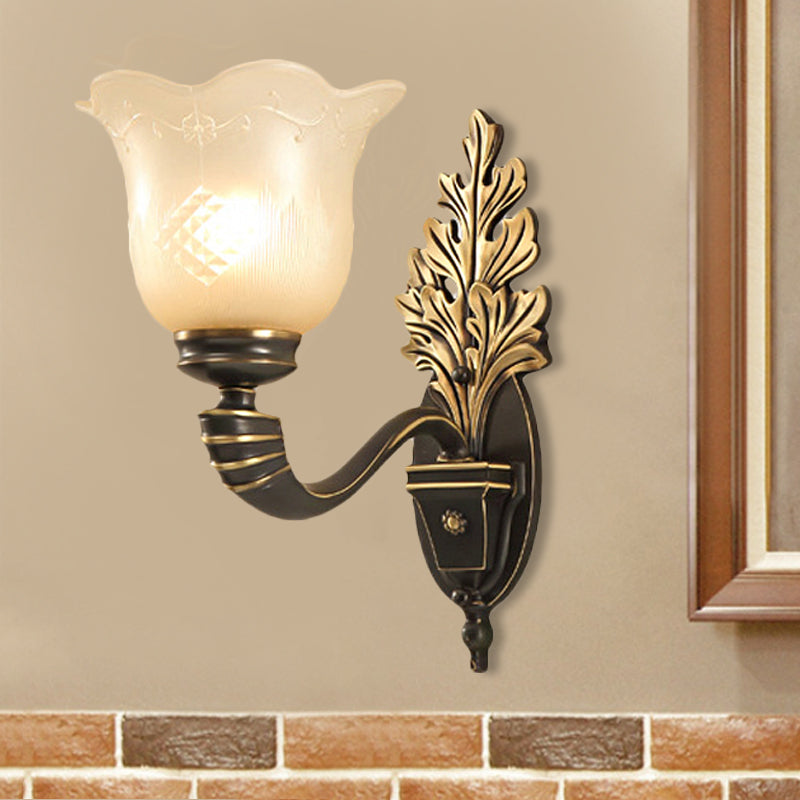 1/2-Light Wall Light Fixture Vintage Blossom Carved Glass Wall Sconce with Curved Arm in Black for Living Room Clearhalo 'Wall Lamps & Sconces' 'Wall Lights' Lighting' 247505