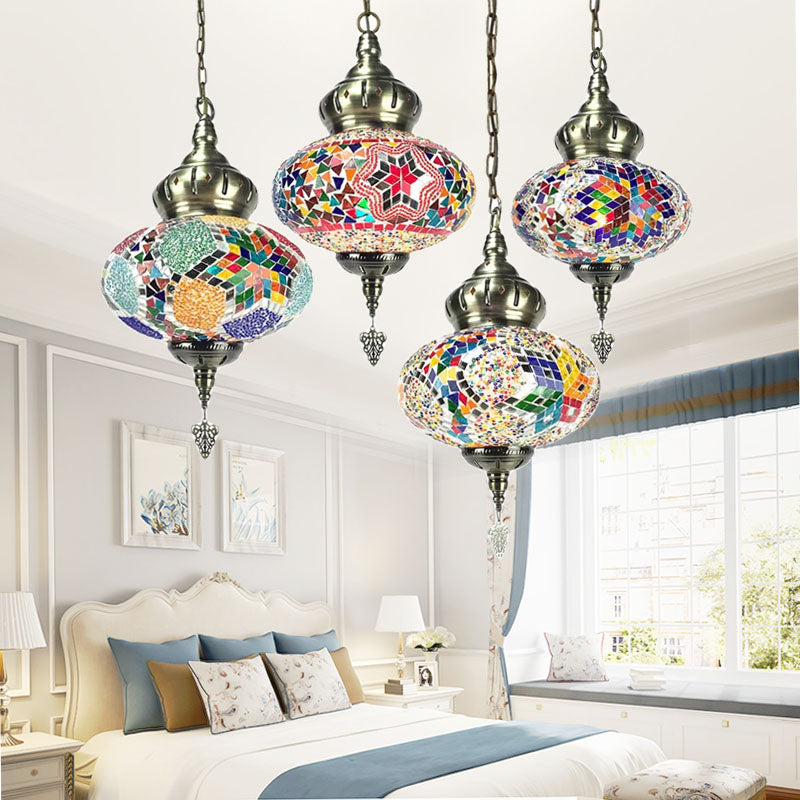 Colorful Glass Global Pendant Lighting Traditionary 1/4 Heads Ceiling Light Fixture in Chrome for Bedroom Brass E 4 Clearhalo 'Ceiling Lights' 'Glass shade' 'Glass' 'Pendant Lights' 'Pendants' Lighting' 247506
