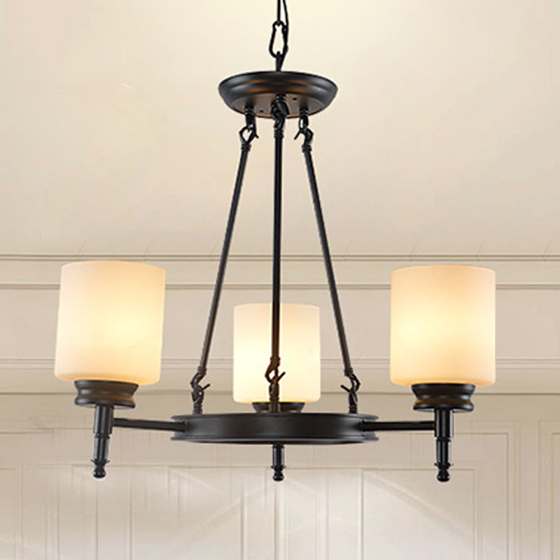 3/6 Lights Frosted Glass Chandelier Traditional Black Wheel Dining Room Hanging Ceiling Fixture with Cylinder Shade 3 White Clearhalo 'Ceiling Lights' 'Chandeliers' Lighting' options 247522_b43f56af-7d06-43a0-9ff6-c5602a06cd61