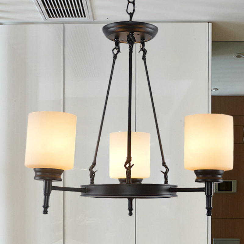 3/6 Lights Frosted Glass Chandelier Traditional Black Wheel Dining Room Hanging Ceiling Fixture with Cylinder Shade Clearhalo 'Ceiling Lights' 'Chandeliers' Lighting' options 247523