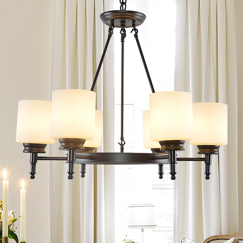 3/6 Lights Frosted Glass Chandelier Traditional Black Wheel Dining Room Hanging Ceiling Fixture with Cylinder Shade 6 White Clearhalo 'Ceiling Lights' 'Chandeliers' Lighting' options 247524_7294a38b-ef48-4bcd-bdc2-d30422d89933