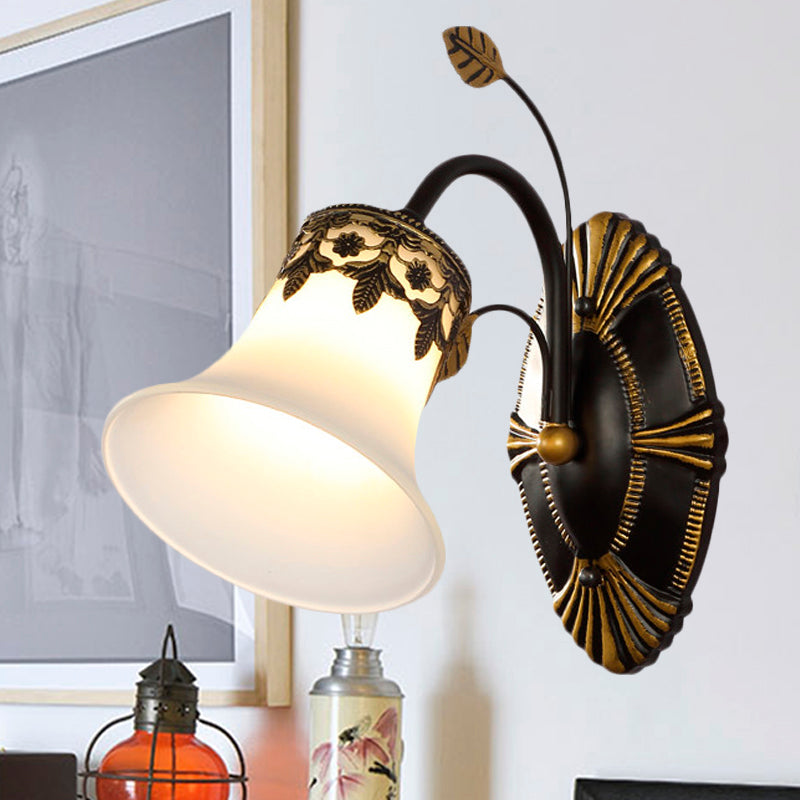 Frosted Glass Black Wall Sconce Bell 1/2-Light Vintage Wall Mount Light Fixture with Curved Arm for Foyer 1.0 Black Clearhalo 'Wall Lamps & Sconces' 'Wall Lights' Lighting' 247561