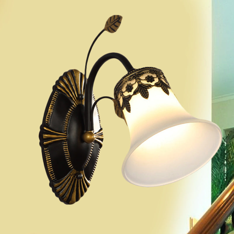 Frosted Glass Black Wall Sconce Bell 1/2-Light Vintage Wall Mount Light Fixture with Curved Arm for Foyer Clearhalo 'Wall Lamps & Sconces' 'Wall Lights' Lighting' 247562