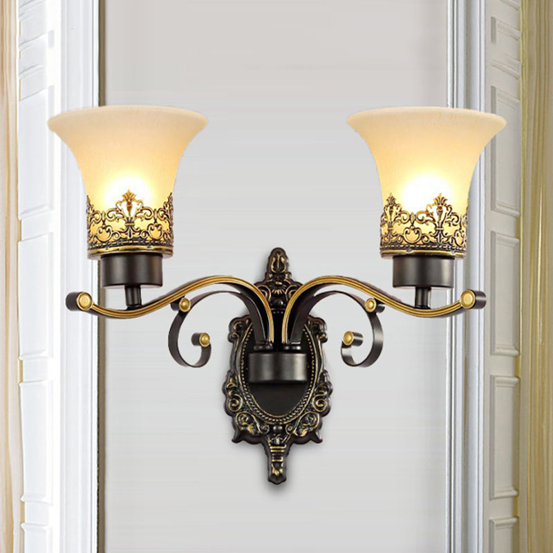 Traditional Flared Wall Mounted Lamp 1/2-Light Frosted Glass Shade Wall Sconce Light in Black for Living Room 2.0 Black Clearhalo 'Wall Lamps & Sconces' 'Wall Lights' Lighting' 247576