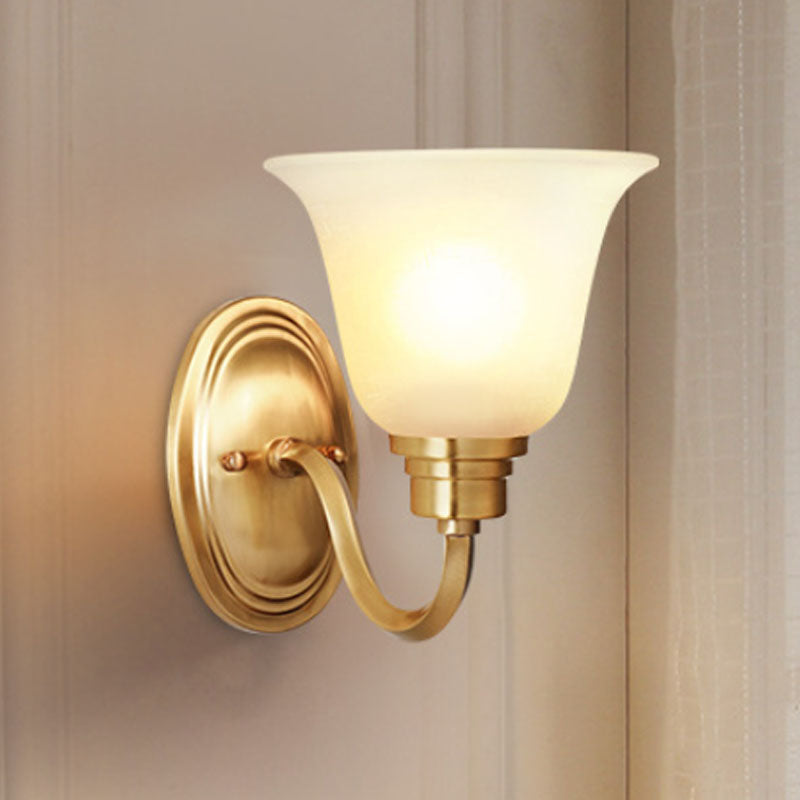 Brass Bell Wall Light Fixture Retro White Glass Shade 1-Light Living Room Wall Lamp with Arched Arm Brass Clearhalo 'Wall Lamps & Sconces' 'Wall Lights' Lighting' 247582