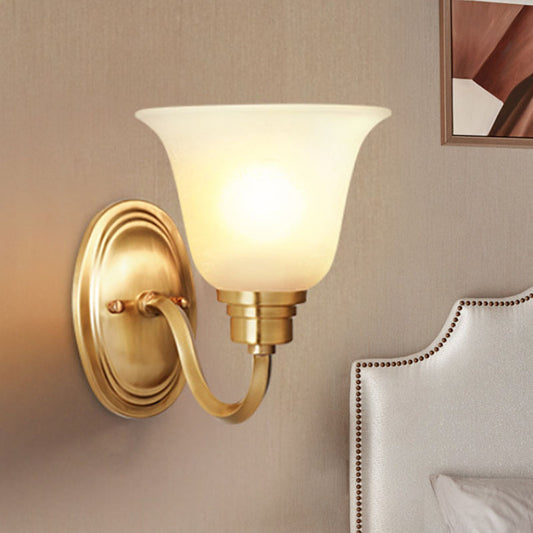 Brass Bell Wall Light Fixture Retro White Glass Shade 1-Light Living Room Wall Lamp with Arched Arm Clearhalo 'Wall Lamps & Sconces' 'Wall Lights' Lighting' 247583