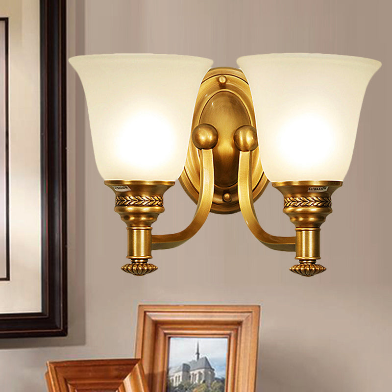 Brass Bell Wall Mounted Light Traditional White Glass Shade 1/2-Light  Bedroom Wall Sconce with Metal Curvy Arm