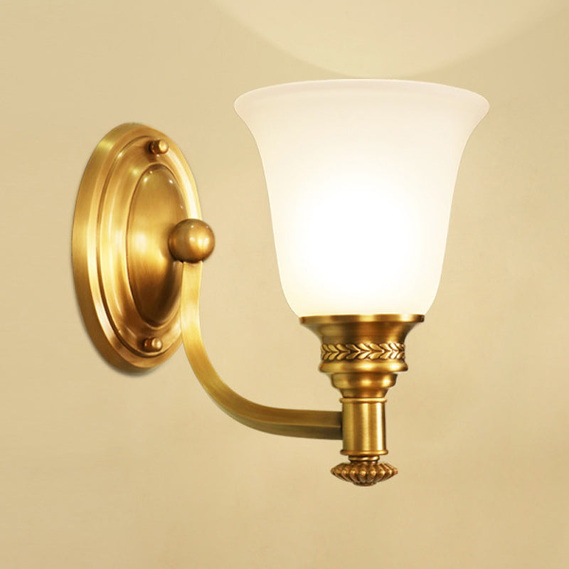 Brass Bell Wall Mounted Light Traditional White Glass Shade 1/2-Light  Bedroom Wall Sconce with Metal Curvy Arm