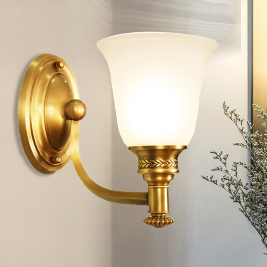 Brass Bell Wall Mounted Light Traditional White Glass Shade 1/2-Light Bedroom Wall Sconce with Metal Curvy Arm Clearhalo 'Wall Lamps & Sconces' 'Wall Lights' Lighting' 247587