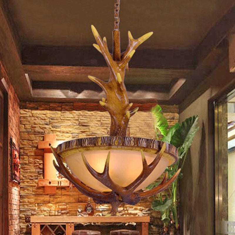 Brown 3 Lights Pendant Lighting Fixture Country Style Frosted Glass Bowl Hanging Ceiling Light with Elk Design Clearhalo 'Ceiling Lights' 'Close To Ceiling Lights' 'Glass shade' 'Glass' 'Pendant Lights' 'Pendants' Lighting' 247609