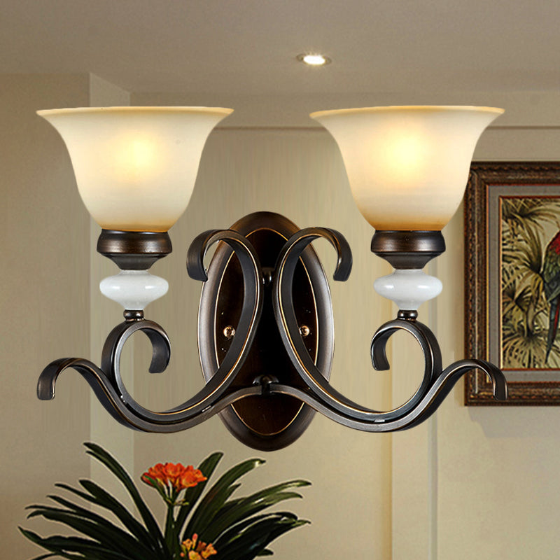 1/2-Light Bell Wall Light Antique Style Black Frosted Glass Wall Sconce with Curvy Arm for Bedroom 2.0 Black Clearhalo 'Wall Lamps & Sconces' 'Wall Lights' Lighting' 247610