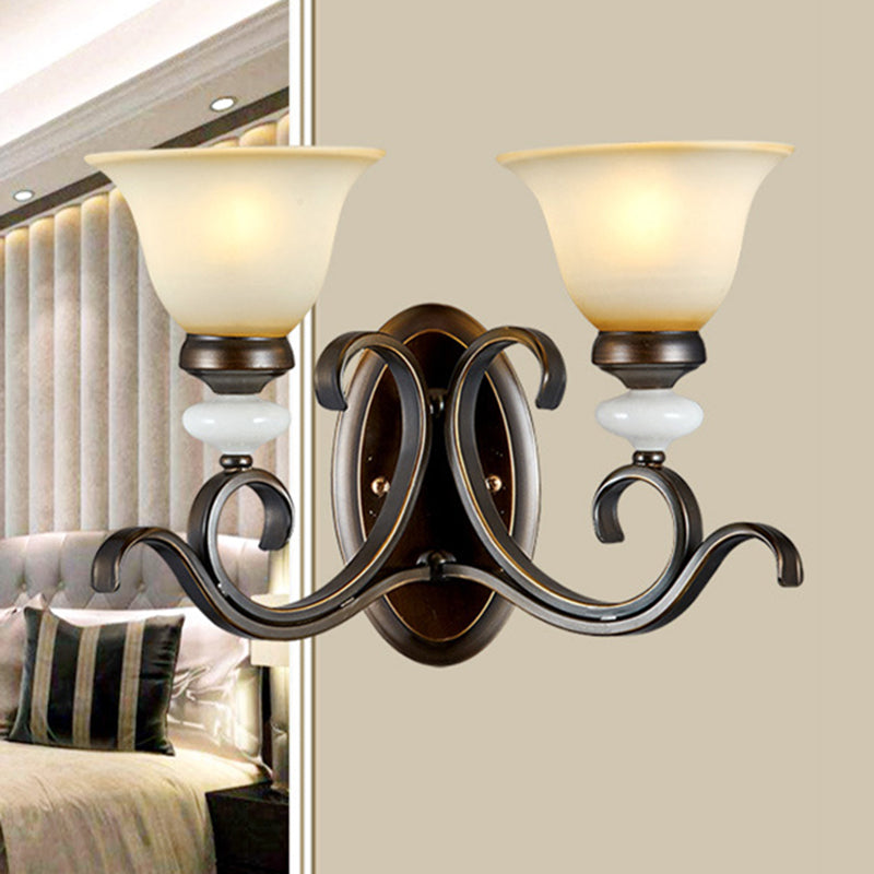 1/2-Light Bell Wall Light Antique Style Black Frosted Glass Wall Sconce with Curvy Arm for Bedroom Clearhalo 'Wall Lamps & Sconces' 'Wall Lights' Lighting' 247611