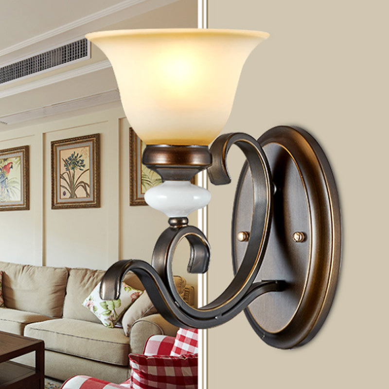 1/2-Light Bell Wall Light Antique Style Black Frosted Glass Wall Sconce with Curvy Arm for Bedroom 1.0 Black Clearhalo 'Wall Lamps & Sconces' 'Wall Lights' Lighting' 247612