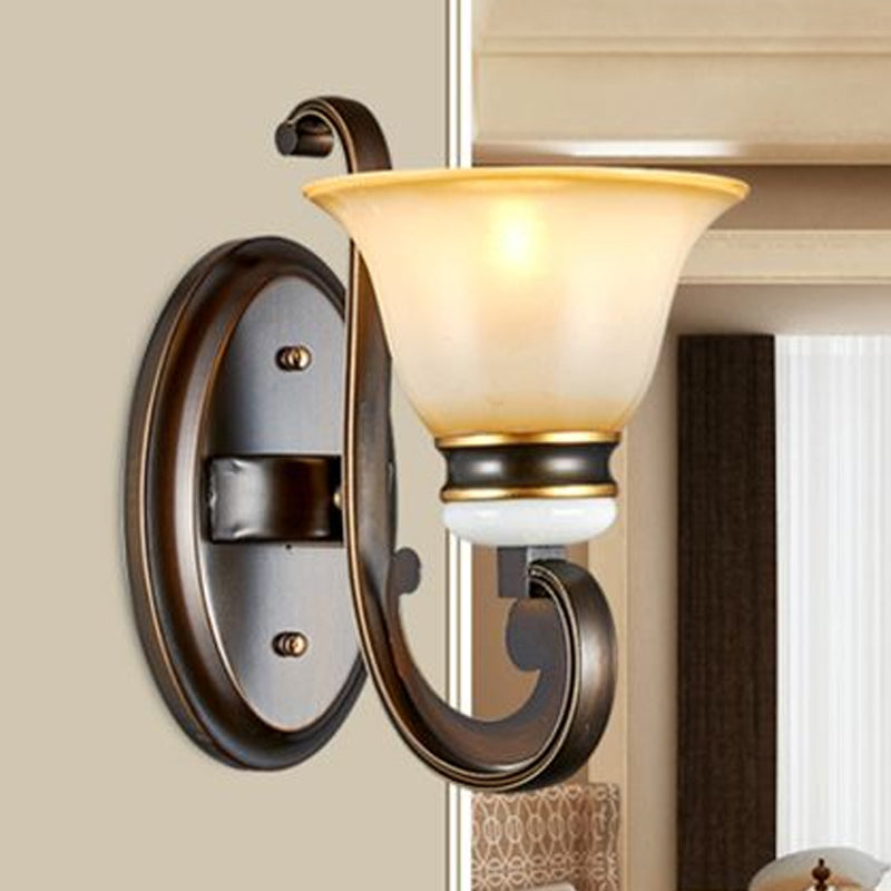 1/2-Light Bell Wall Light Antique Style Black Frosted Glass Wall Sconce with Curvy Arm for Bedroom Clearhalo 'Wall Lamps & Sconces' 'Wall Lights' Lighting' 247613