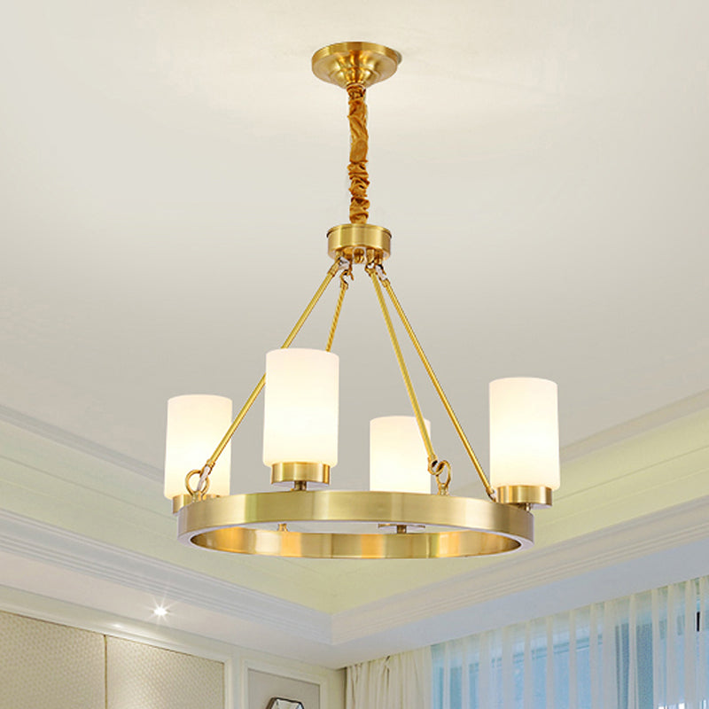 Wagon Wheel Frosted Glass Chandelier Light Classic 4/6 Lights Bedroom Pendant Lighting in Gold with Cylinder Shade Clearhalo 'Ceiling Lights' 'Chandeliers' Lighting' options 247621