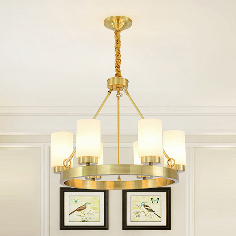 Wagon Wheel Frosted Glass Chandelier Light Classic 4/6 Lights Bedroom Pendant Lighting in Gold with Cylinder Shade 6 Gold Clearhalo 'Ceiling Lights' 'Chandeliers' Lighting' options 247622_f939b58f-9b56-4eb2-aacf-34d367ff4dbf
